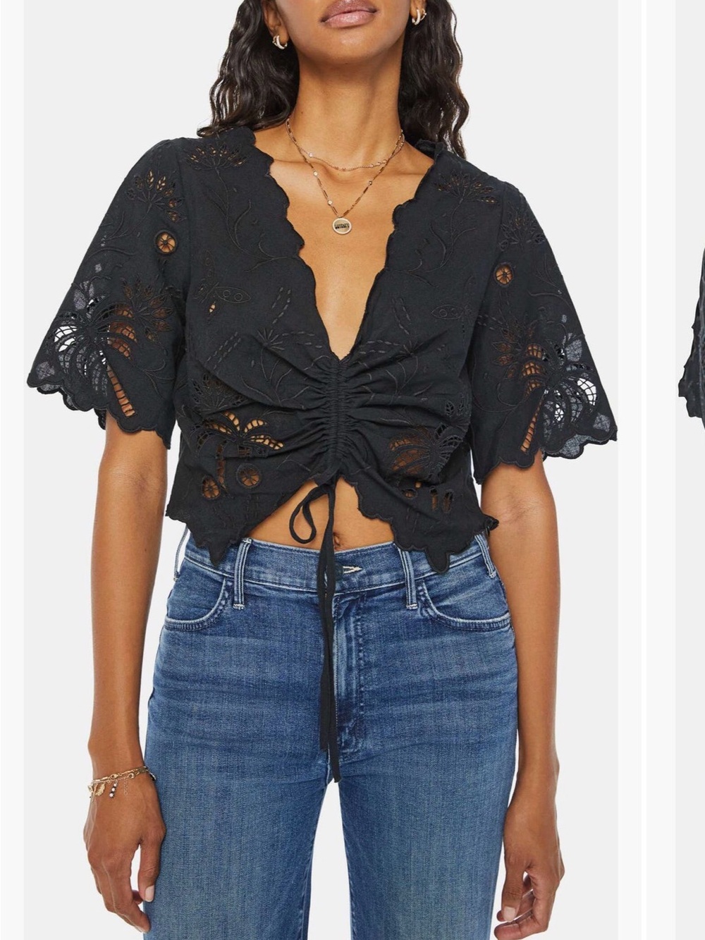 MOTHER Social Butterfly 100% Cotton Embroidered Black Eyelet Crop Top - Women